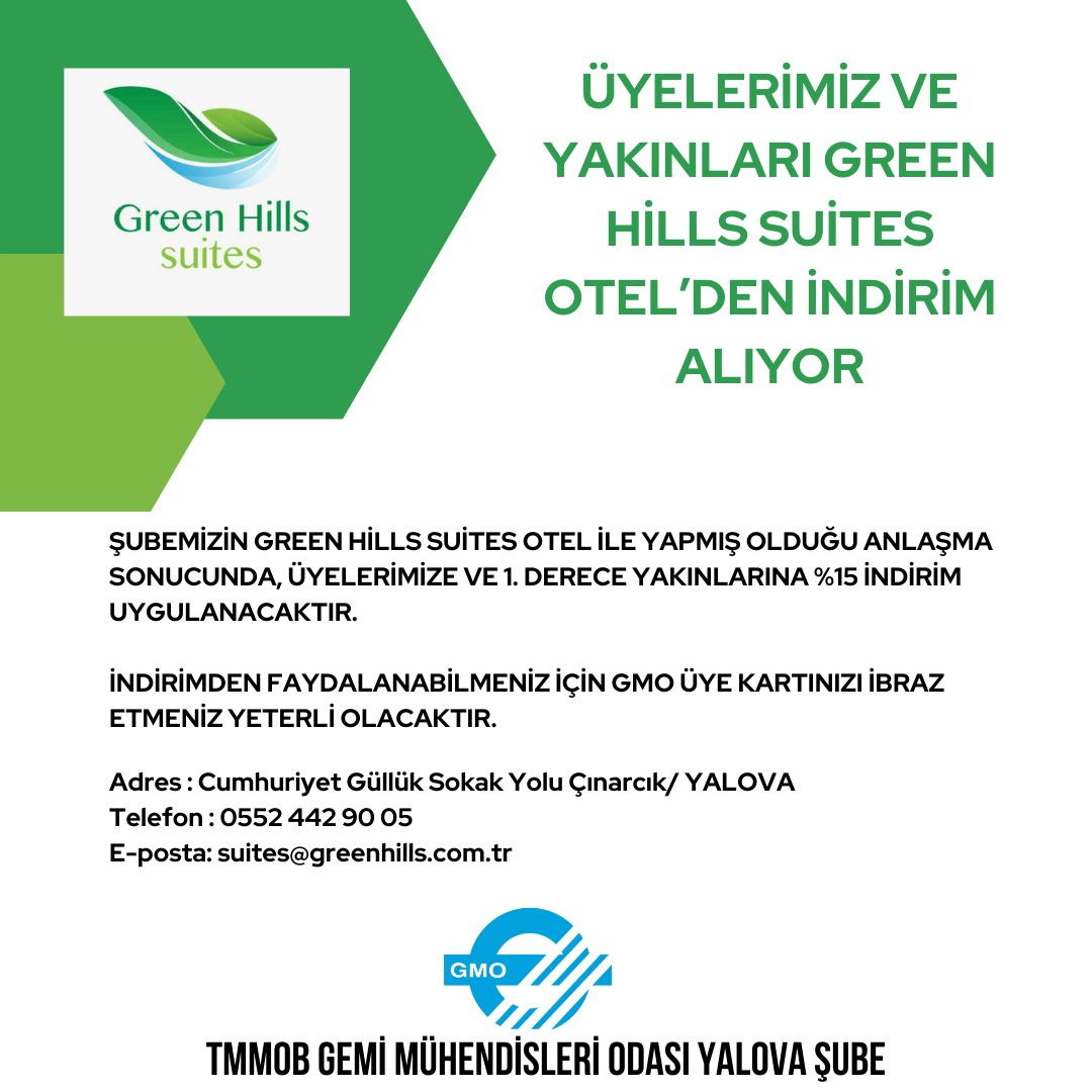 ÜYELERİMİZ VE YAKINLARI GREEN HİLLS SUİTES OTEL'DEN İNDİRİM ALIYOR!