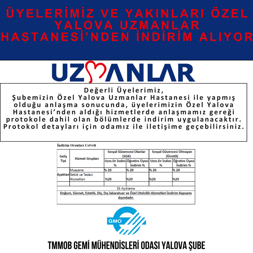 ÜYELERİMİZ VE YAKINLARI ÖZEL YALOVA UZMANLAR HASTANESİ'NDEN İNDİRİM ALIYOR!